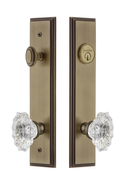 Grandeur Hardware - Hardware Carre Tall Plate Complete Entry Set with Biarritz Knob in Vintage Brass - CARBIA - 839947