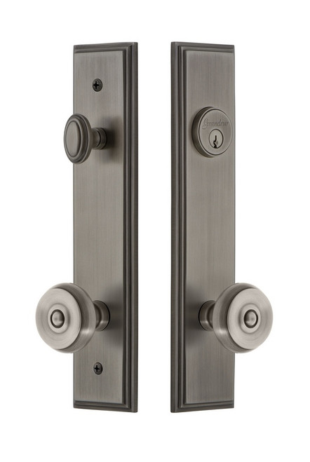 Grandeur Hardware - Hardware Carre Tall Plate Complete Entry Set with Bouton Knob in Antique Pewter - CARBOU - 839984