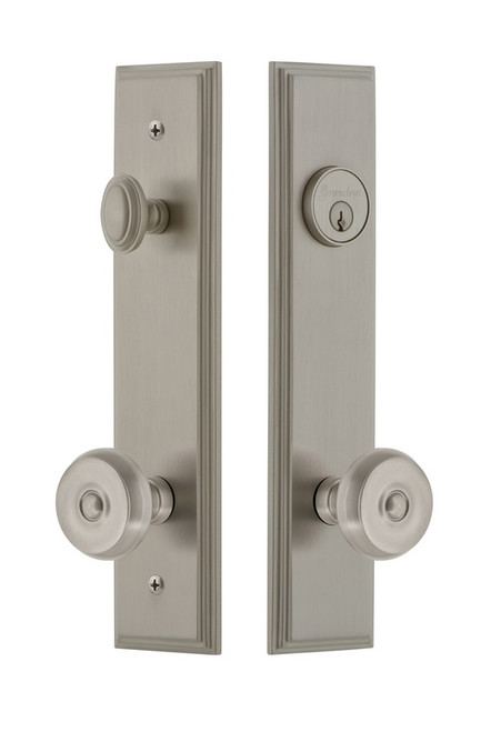 Grandeur Hardware - Hardware Carre Tall Plate Complete Entry Set with Bouton Knob in Satin Nickel - CARBOU - 840004