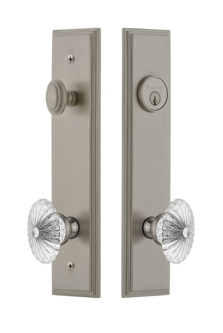 Grandeur Hardware - Hardware Carre Tall Plate Complete Entry Set with Burgundy Knob in Satin Nickel - CARBUR - 840033