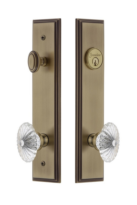 Grandeur Hardware - Hardware Carre Tall Plate Complete Entry Set with Burgundy Knob in Vintage Brass - CARBUR - 840041