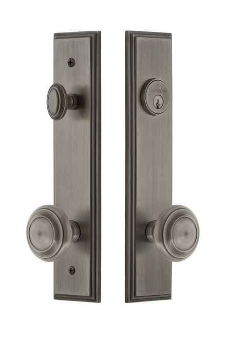 Grandeur Hardware - Hardware Carre Tall Plate Complete Entry Set with Circulaire Knob in Antique Pewter - CARCIR - 840079