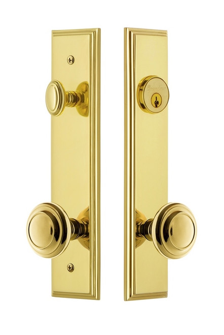 Grandeur Hardware - Hardware Carre Tall Plate Complete Entry Set with Circulaire Knob in Lifetime Brass - CARCIR - 840086