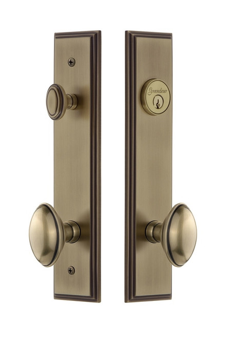 Grandeur Hardware - Hardware Carre Tall Plate Complete Entry Set with Eden Prairie Knob in Vintage Brass - CAREDN - 840138