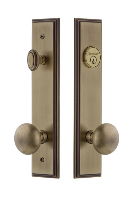 Grandeur Hardware - Hardware Carre Tall Plate Complete Entry Set with Fifth Avenue Knob in Vintage Brass - CARFAV - 840169