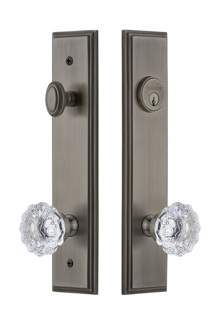 Grandeur Hardware - Hardware Carre Tall Plate Complete Entry Set with Fontainebleau Knob in Antique Pewter - CARFON - 840173