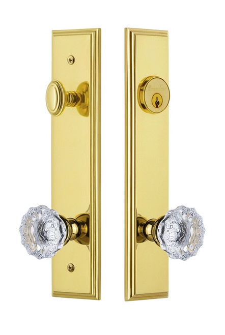 Grandeur Hardware - Hardware Carre Tall Plate Complete Entry Set with Fontainebleau Knob in Lifetime Brass - CARFON - 840184