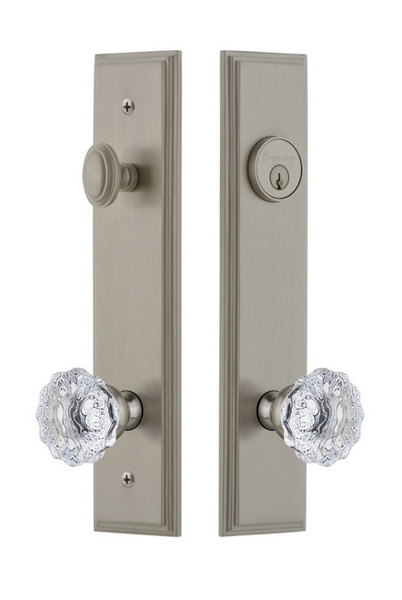 Grandeur Hardware - Hardware Carre Tall Plate Complete Entry Set with Fontainebleau Knob in Satin Nickel - CARFON - 840194