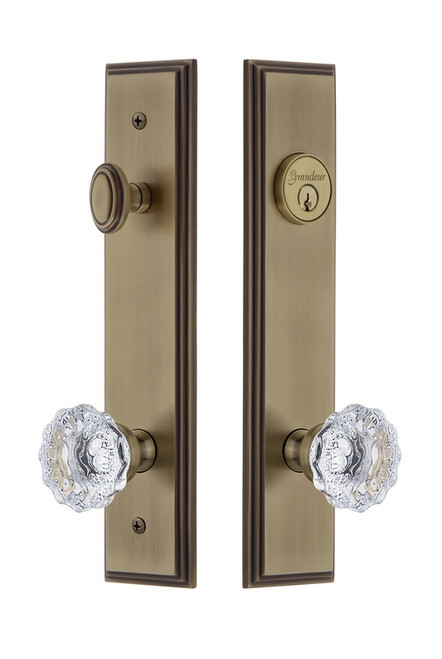 Grandeur Hardware - Hardware Carre Tall Plate Complete Entry Set with Fontainebleau Knob in Vintage Brass - CARFON - 840202