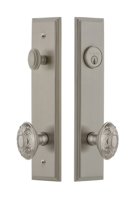 Grandeur Hardware - Hardware Carre Tall Plate Complete Entry Set with Grande Victorian Knob in Satin Nickel - CARGVC - 840225