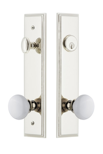 Grandeur Hardware - Hardware Carre Tall Plate Complete Entry Set with Hyde Park Knob in Polished Nickel - CARHYD - 840253