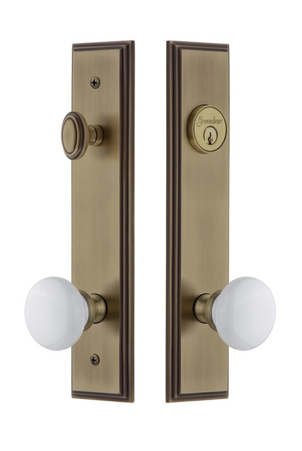 Grandeur Hardware - Hardware Carre Tall Plate Complete Entry Set with Hyde Park Knob in Vintage Brass - CARHYD - 840265