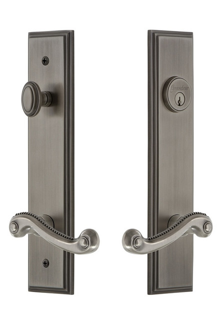 Grandeur Hardware - Hardware Carre Tall Plate Complete Entry Set with Newport Lever in Antique Pewter - CARNEW - 841385