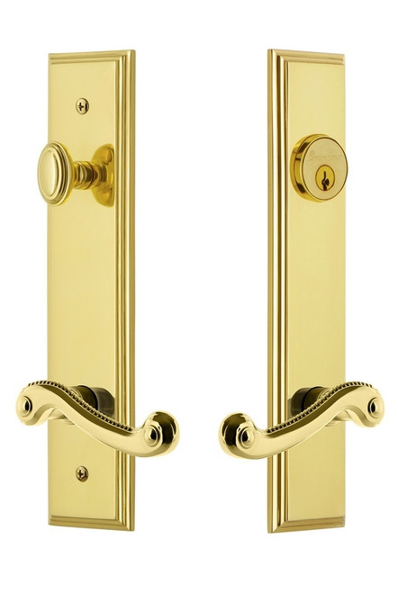 Grandeur Hardware - Hardware Carre Tall Plate Complete Entry Set with Newport Lever in Lifetime Brass - CARNEW - 841402