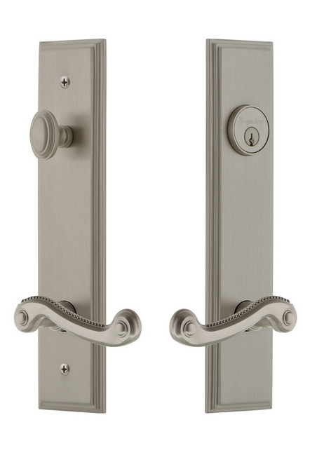 Grandeur Hardware - Hardware Carre Tall Plate Complete Entry Set with Newport Lever in Satin Nickel - CARNEW - 841429