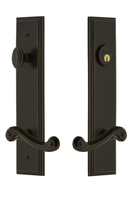 Grandeur Hardware - Hardware Carre Tall Plate Complete Entry Set with Newport Lever in Timeless Bronze - CARNEW - 841433