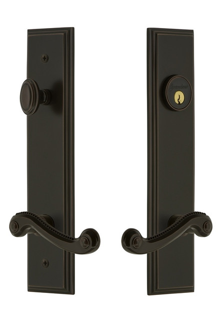 Grandeur Hardware - Hardware Carre Tall Plate Complete Entry Set with Newport Lever in Timeless Bronze - CARNEW - 841434