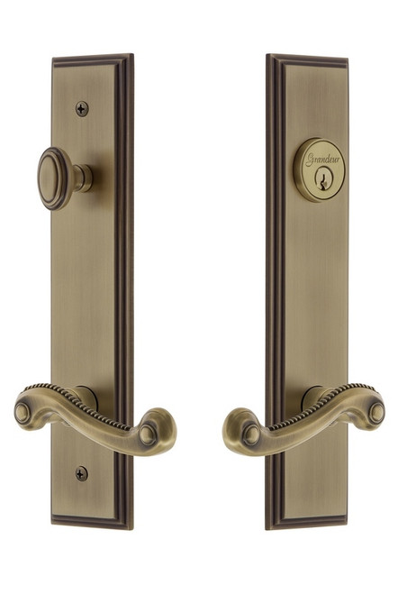 Grandeur Hardware - Hardware Carre Tall Plate Complete Entry Set with Newport Lever in Vintage Brass - CARNEW - 841441