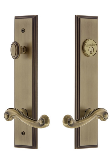 Grandeur Hardware - Hardware Carre Tall Plate Complete Entry Set with Newport Lever in Vintage Brass - CARNEW - 841447