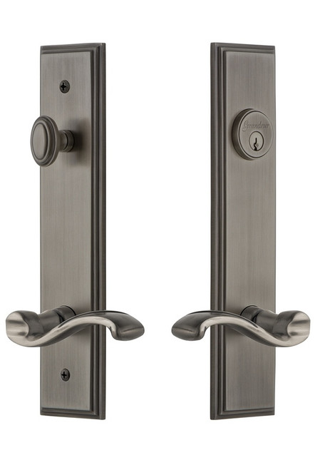 Grandeur Hardware - Hardware Carre Tall Plate Complete Entry Set with Portofino Lever in Antique Pewter - CARPRT - 841451