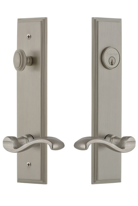 Grandeur Hardware - Hardware Carre Tall Plate Complete Entry Set with Portofino Lever in Satin Nickel - CARPRT - 841489