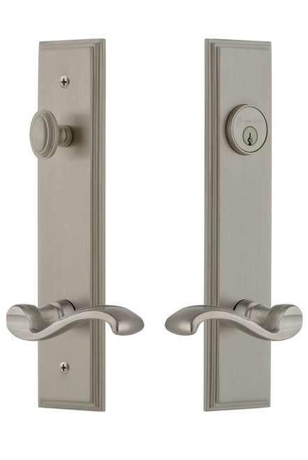 Grandeur Hardware - Hardware Carre Tall Plate Complete Entry Set with Portofino Lever in Satin Nickel - CARPRT - 841491