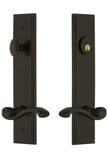 Grandeur Hardware - Hardware Carre Tall Plate Complete Entry Set with Portofino Lever in Timeless Bronze - CARPRT - 841497