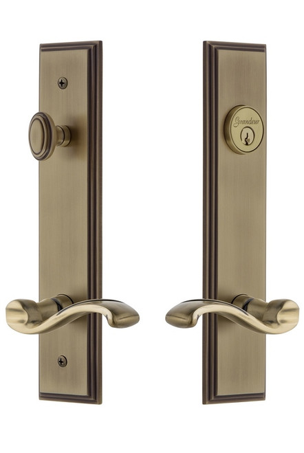 Grandeur Hardware - Hardware Carre Tall Plate Complete Entry Set with Portofino Lever in Vintage Brass - CARPRT - 841505