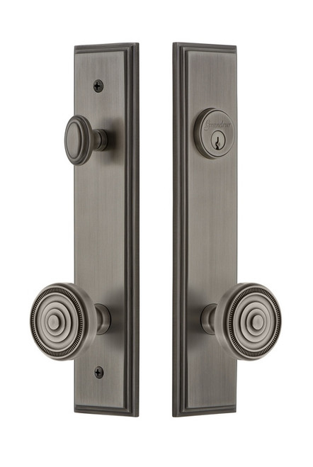 Grandeur Hardware - Hardware Carre Tall Plate Complete Entry Set with Soleil Knob in Antique Pewter - CARSOL - 840335