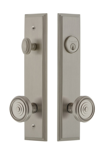 Grandeur Hardware - Hardware Carre Tall Plate Complete Entry Set with Soleil Knob in Satin Nickel - CARSOL - 840355