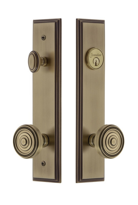 Grandeur Hardware - Hardware Carre Tall Plate Complete Entry Set with Soleil Knob in Vintage Brass - CARSOL - 840362