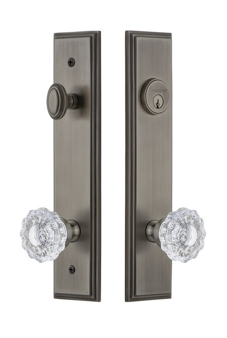 Grandeur Hardware - Hardware Carre Tall Plate Complete Entry Set with Versailles Knob in Antique Pewter - CARVER - 840368