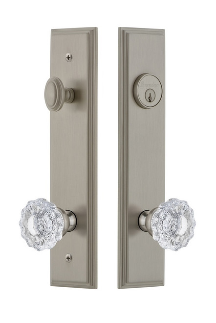 Grandeur Hardware - Hardware Carre Tall Plate Complete Entry Set with Versailles Knob in Satin Nickel - CARVER - 840388