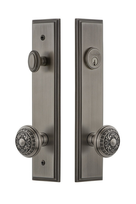 Grandeur Hardware - Hardware Carre Tall Plate Complete Entry Set with Windsor Knob in Antique Pewter - CARWIN - 840400