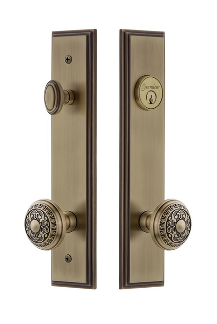 Grandeur Hardware - Hardware Carre Tall Plate Complete Entry Set with Windsor Knob in Vintage Brass - CARWIN - 840425