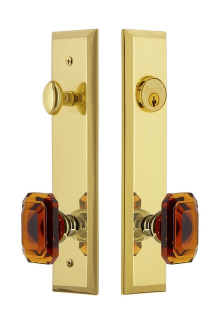 Grandeur Hardware - Hardware Fifth Avenue Tall Plate Complete Entry Set with Baguette Amber Knob in Lifetime Brass - FAVBCA - 840439