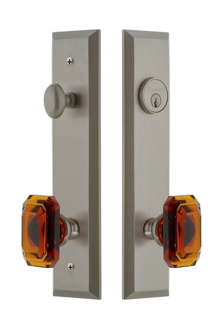 Grandeur Hardware - Hardware Fifth Avenue Tall Plate Complete Entry Set with Baguette Amber Knob in Satin Nickel - FAVBCA - 840449