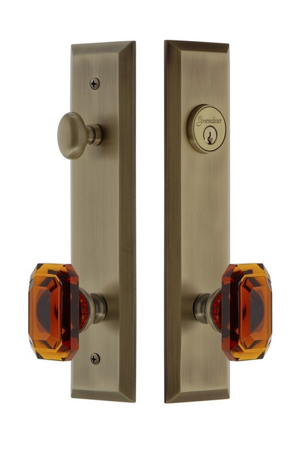 Grandeur Hardware - Hardware Fifth Avenue Tall Plate Complete Entry Set with Baguette Amber Knob in Vintage Brass - FAVBCA - 840457