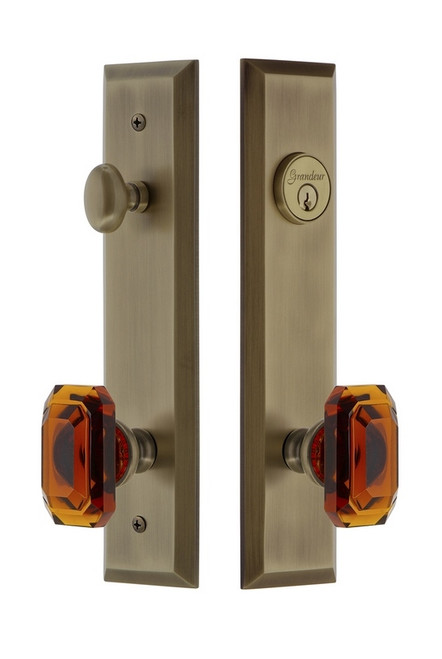 Grandeur Hardware - Hardware Fifth Avenue Tall Plate Complete Entry Set with Baguette Amber Knob in Vintage Brass - FAVBCA - 840460