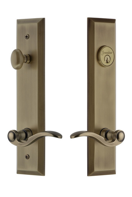 Grandeur Hardware - Hardware Fifth Avenue Tall Plate Complete Entry Set with Bellagio Lever in Vintage Brass - FAVBEL - 841569