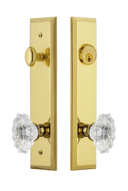 Grandeur Hardware - Hardware Fifth Avenue Tall Plate Complete Entry Set with Biarritz Knob in Lifetime Brass - FAVBIA - 840504