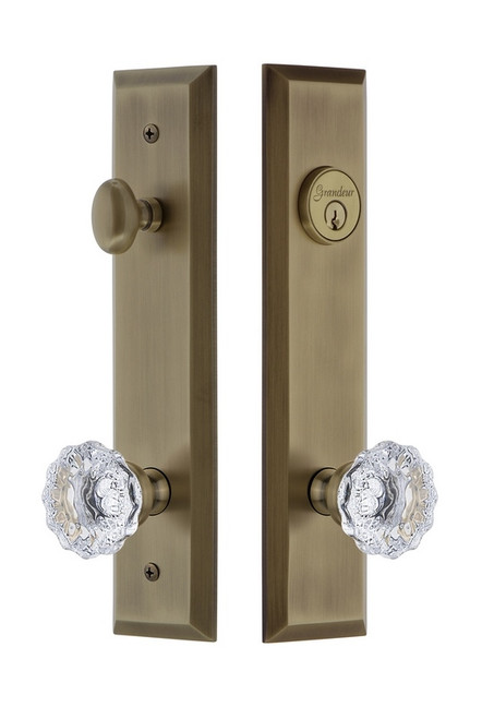 Grandeur Hardware - Hardware Fifth Avenue Tall Plate Complete Entry Set with Fontainebleau Knob in Vintage Brass - FAVFON - 840773