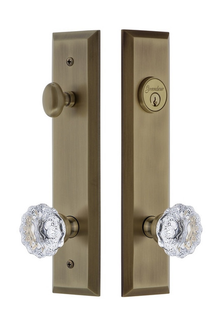 Grandeur Hardware - Hardware Fifth Avenue Tall Plate Complete Entry Set with Fontainebleau Knob in Vintage Brass - FAVFON - 840775