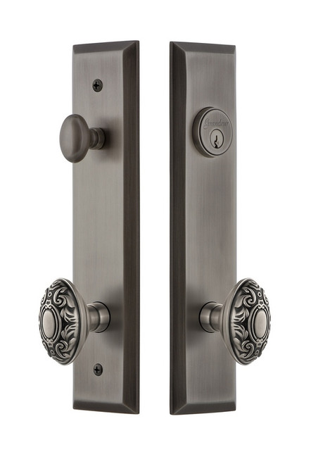 Grandeur Hardware - Hardware Fifth Avenue Tall Plate Complete Entry Set with Grande Victorian Knob in Antique Pewter - FAVGVC - 840778