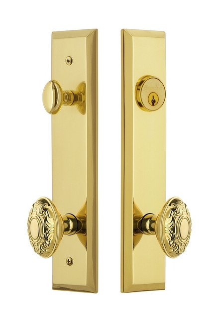 Grandeur Hardware - Hardware Fifth Avenue Tall Plate Complete Entry Set with Grande Victorian Knob in Lifetime Brass - FAVGVC - 840785