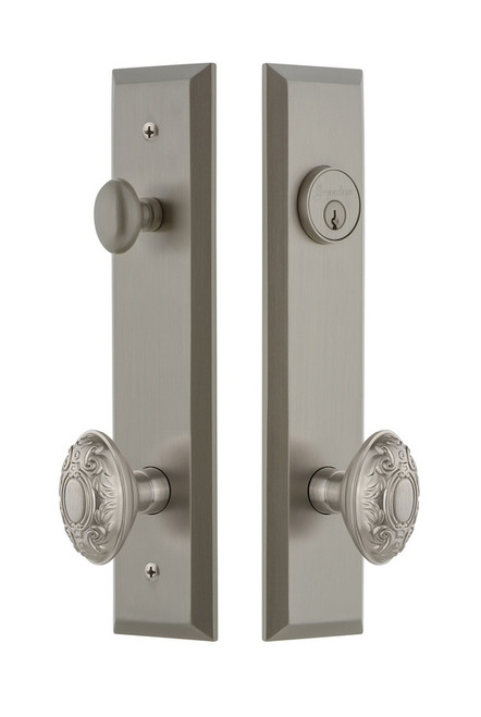 Grandeur Hardware - Hardware Fifth Avenue Tall Plate Complete Entry Set with Grande Victorian Knob in Satin Nickel - FAVGVC - 840797