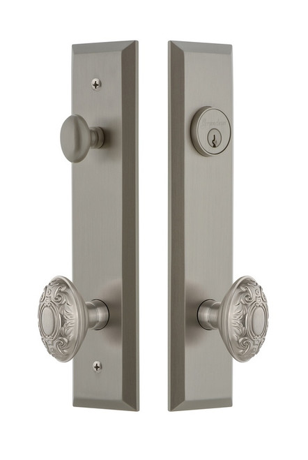 Grandeur Hardware - Hardware Fifth Avenue Tall Plate Complete Entry Set with Grande Victorian Knob in Satin Nickel - FAVGVC - 840800