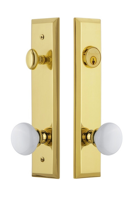 Grandeur Hardware - Hardware Fifth Avenue Tall Plate Complete Entry Set with Hyde Park Knob in Lifetime Brass - FAVHYD - 840819