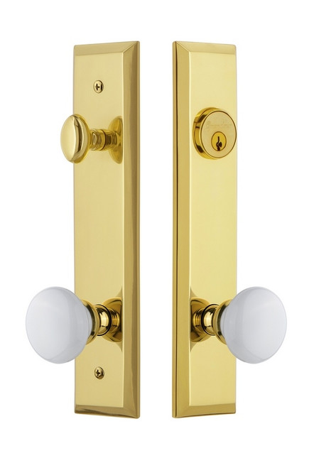 Grandeur Hardware - Hardware Fifth Avenue Tall Plate Complete Entry Set with Hyde Park Knob in Lifetime Brass - FAVHYD - 840820