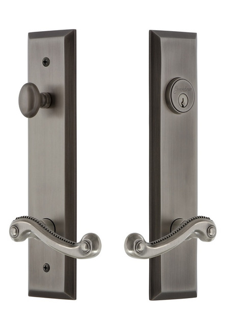 Grandeur Hardware - Hardware Fifth Avenue Tall Plate Complete Entry Set with Newport Lever in Antique Pewter - FAVNEW - 841641